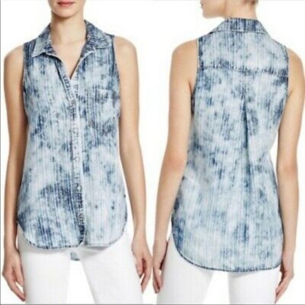 Cloth & Stone Blue Tie Dye Sleeveless Button Down Blouse Size Small